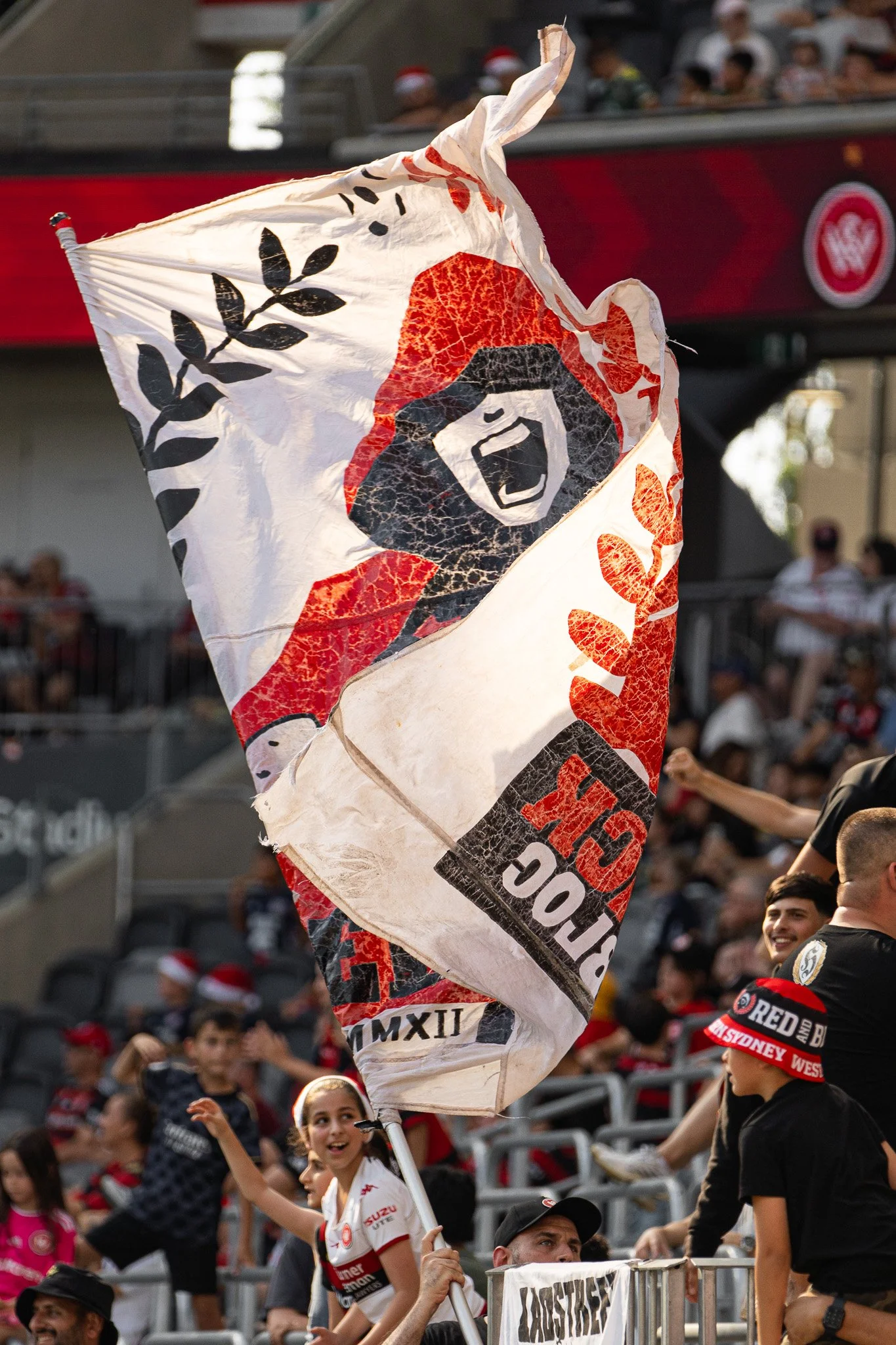 Fan holding a tattered flag with bear and flames