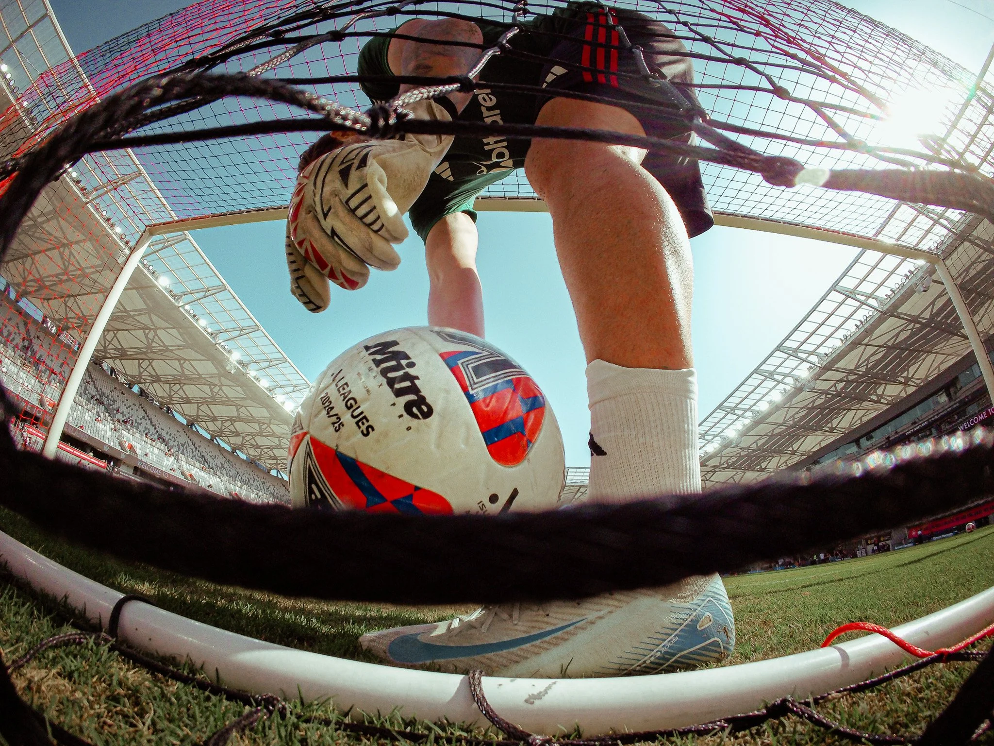 Goalkeeper's perspective from inside the goal