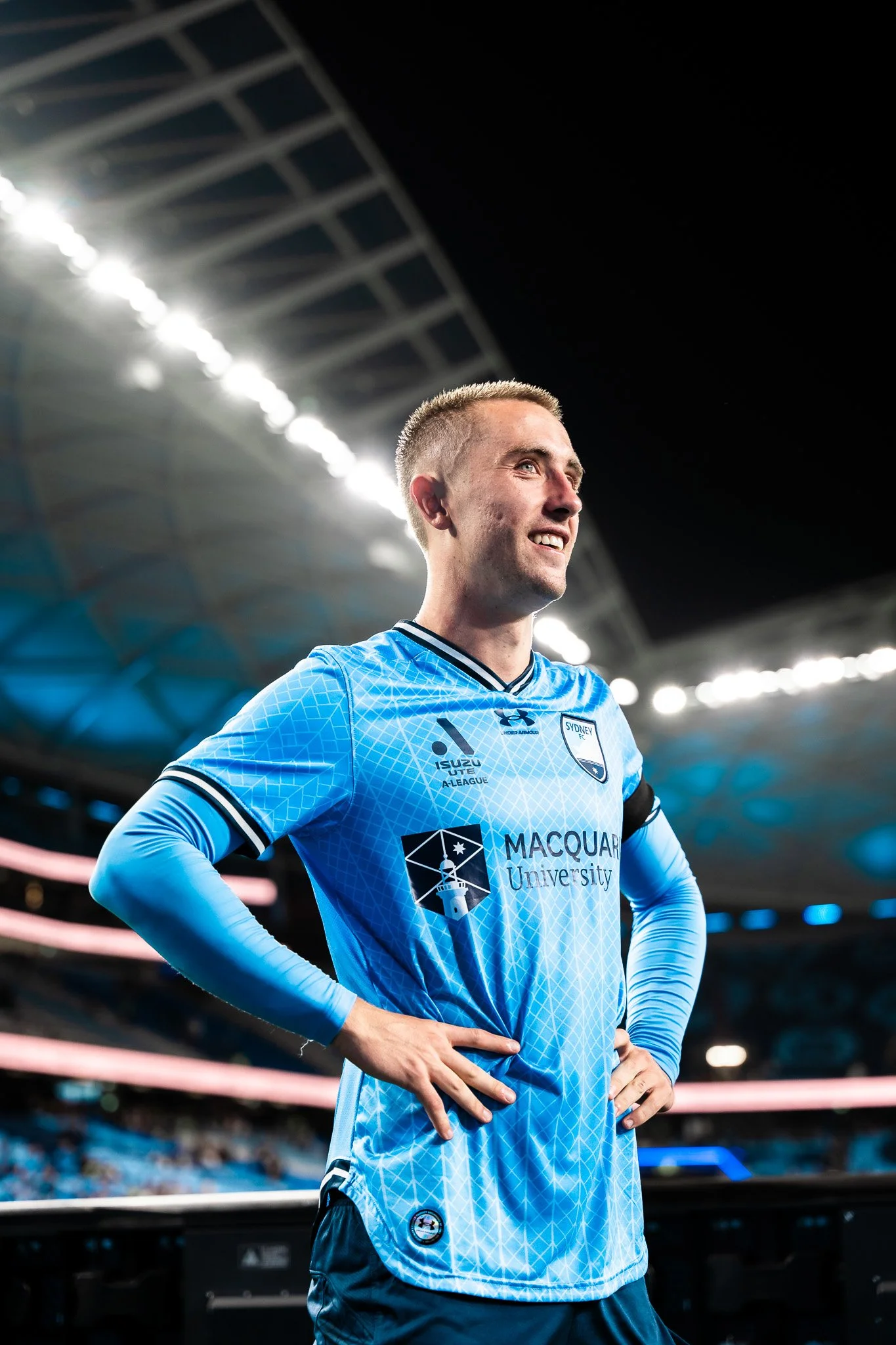 Sydney FC player smiling on the field
