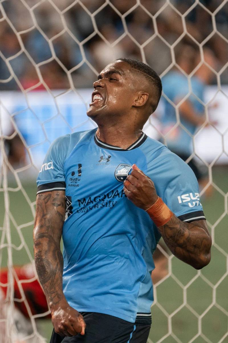 Player celebrating inside the goal net